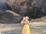 a painting of a woman in a yellow dress by the water