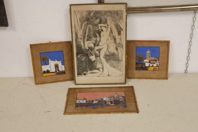 three framed pictures of a man and a woman on a table