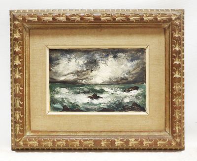 an oil painting of a boat in the ocean under a cloudy sky