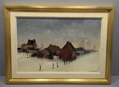 une image d'un tableau représentant un village dans la neige