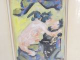 a picture of a painting of a dog sitting on a chair