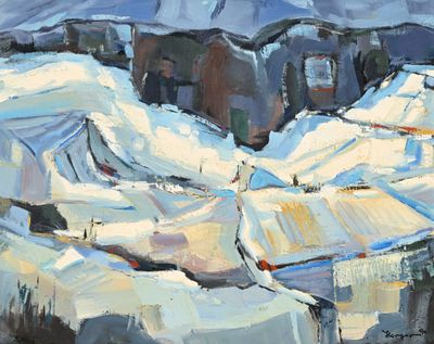 une peinture à l'huile représentant un paysage enneigé avec une montagne en arrière-plan