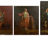 three paintings of a man and a woman standing next to each other