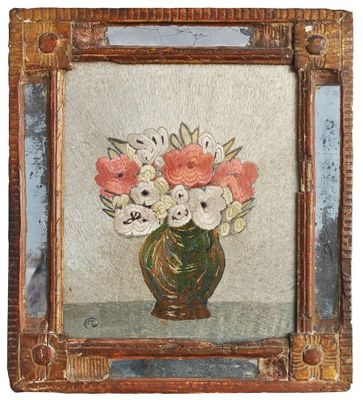 une peinture de fleurs dans un vase vert sur une table