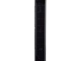 a black tower fan sitting on top of a white surface