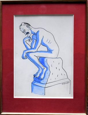 dessin représentant un homme assis sur un piédestal, la tête entre les mains