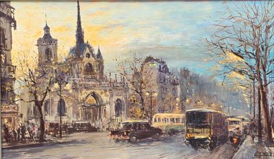 tableau représentant une rue de la ville avec une église en arrière-plan