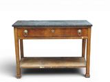 a wooden table with a marble top on a white background