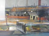 une peinture représentant une peinture d'un bâtiment et d'un pont