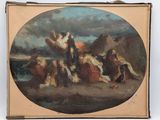 an image of a painting of a group of people sitting on a beach