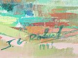 painting of an abstract landscape with green, red, and yellow colors
