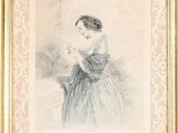 an old picture of a woman in a dress holding a flower