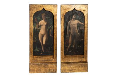 deux tableaux représentant des nus, dans un cadre en bois, sur fond blanc