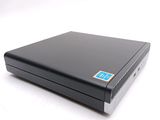 a black laptop with a blue sticker on it