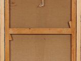 a painting of a wooden frame with a rope hanging from it ' s side