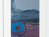 Peinture abstraite représentant un paysage bleu et rose avec des montagnes au loin