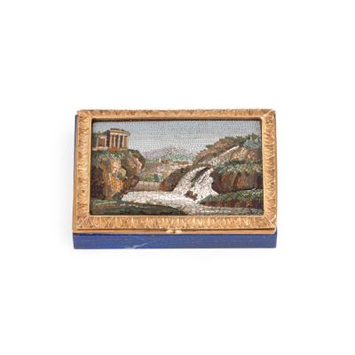 an old picture of a painting of a waterfall in a blue box