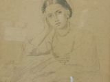 dessin représentant une femme assise sur une chaise, la main posée sur le menton