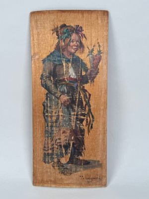an old picture of a woman holding a stick in her hand
