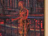 an oil painting of a woman standing in front of a bookshelf