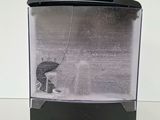 a black and white photo of a fish in a fish tank