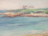 painting of a view of a beach with a boat in the water