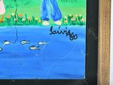 a picture of a painting of a woman with a kite