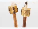 pair of brass plated lamps with glass shades and brass fittings