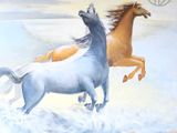 painting of two horses running in the water with a peace sign in the background