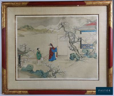 Aquarelle chinoise représentant un homme et une femme dans une cour