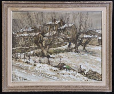 une image représentant un tableau représentant un paysage enneigé avec une maison en arrière-plan