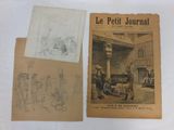 deux pages de dessins représentant des personnes dans un salon et un dessin représentant une cheminée