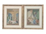 two framed paintings of a couple of people in a living room