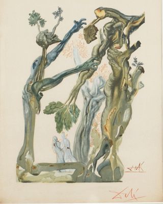 an image of a painting of a man and a woman on a tree