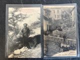 two old black and white photos of a man sitting on a log