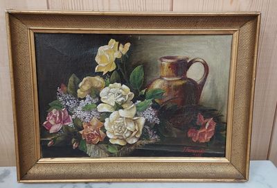 une peinture de fleurs dans un vase sur une table