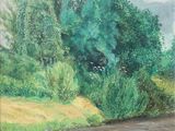 une peinture à l'huile représentant une rivière, avec des arbres et de l'herbe au premier plan