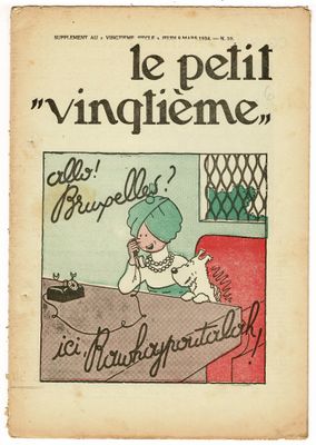 un vieux livre sur lequel figure la photo d'une femme en train de parler au téléphone