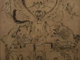 an image of a drawing of a bird on a table with people around it