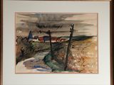 framed watercolor painting of a farm scene with a stream running through it