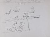 dessin d'un homme et d'un enfant sur la plage avec des voiliers en arrière-plan