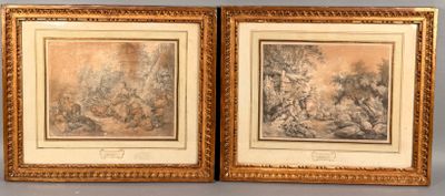 two framed paintings of a landscape with trees and bushes