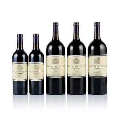 six bouteilles de vin sont alignées sur une surface blanche