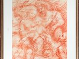 un dessin orange représentant une femme tenant un enfant dans ses bras