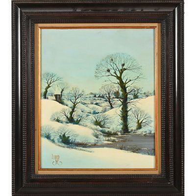 a painting of a snowy landscape with trees and a river