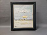 an oil painting of a beach scene with a yellow umbrella