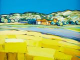 un tableau représentant un champ jaune avec une maison au loin