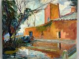 painting of a painting of a building and a tree in the background