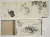 three chinese ink paintings of birds and flowers on a book