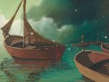 un tableau représentant un bateau sur l'eau, avec des oiseaux qui volent autour